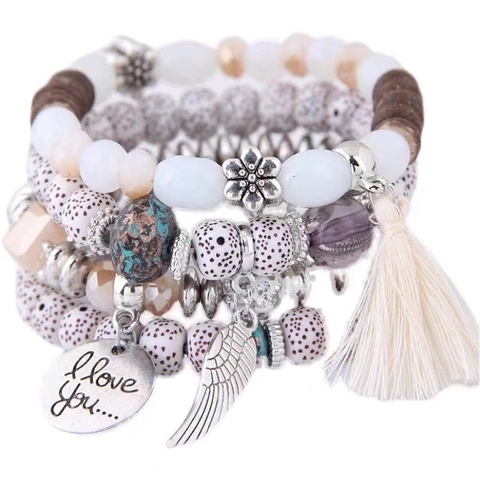 Bohemian Multilayer Beaded Bracelet Set Women Alloy Wood Beads Tassel Hamsa Hand Wing Heart Charm Ethnic Jewelry