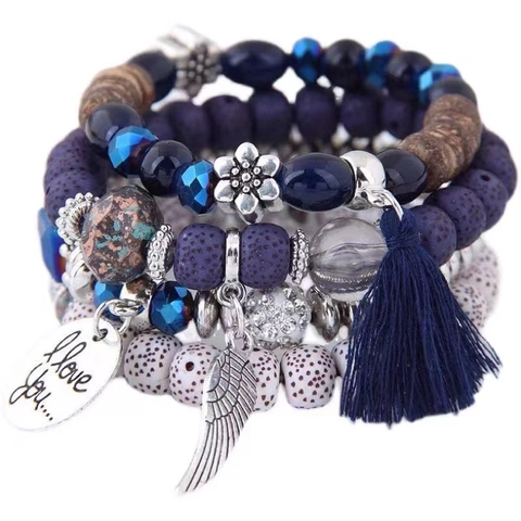 Bohemian Multilayer Beaded Bracelet Set Women Alloy Wood Beads Tassel Hamsa Hand Wing Heart Charm Ethnic Jewelry