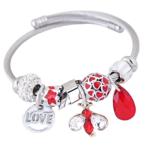 Steel Wire Cable Open Bangle Bracelet Alloy Charms Rhinestone Butterfly Bee Love Pendant Bohemia Retro Women Jewelry