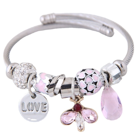 Steel Wire Cable Open Bangle Bracelet Alloy Charms Rhinestone Butterfly Bee Love Pendant Bohemia Retro Women Jewelry