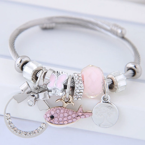 Dames Charm Armband Roestvrij Staal Verstelbare Armband Vlinder Dolfijn Hart Strik Hanger Kristal Kralen Sieraden Cadeau