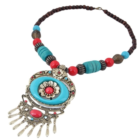 Bohemian Ethnic Long Necklace Vintage Alloy Synthetic Gemstone Pendant Wood Beaded Sweater Chain Bells Tassels Tribal Jewelry