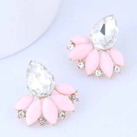 Elegant Flower Cluster Stud Earrings Alloy Gold Plated With Teardrop Crystal And Marquise Resin Stones For Women