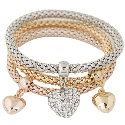 Alloy Rhinestone Elastic Mesh Popcorn Chain Bracelet With Heart Elephant Owl Crown Star Animal Charms For Women
