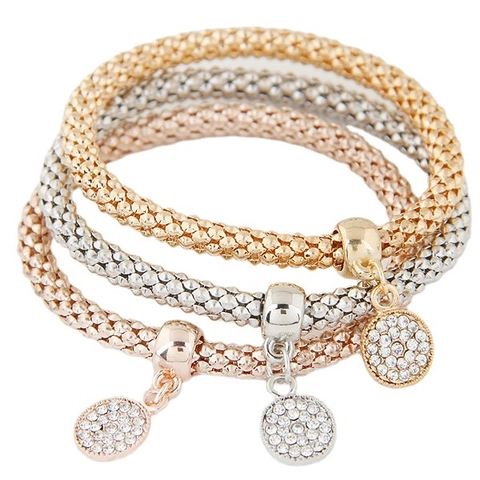 Alloy Rhinestone Elastic Mesh Popcorn Chain Bracelet With Heart Elephant Owl Crown Star Animal Charms For Women