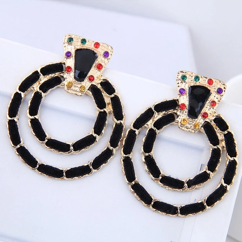 Vintage Statement Doppelrunde Hängeohrringe Legierung Strass Samtband Gewebter Schmuck Für Frauen