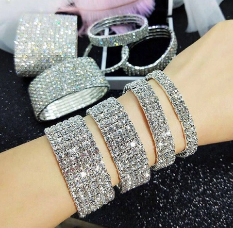 Women Fashion Alloy Rhinestone Elastic Bangle Sparkling Multi Row Crystal Bracelet For Party Wedding Banquet