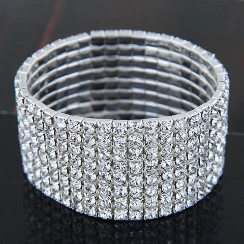 Women Fashion Alloy Rhinestone Elastic Bangle Sparkling Multi Row Crystal Bracelet For Party Wedding Banquet