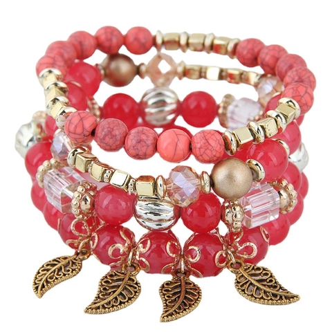 Bracelets Multicouches En Perles Bohème Pendentifs Feuilles Évidées Alliage Acrylique Perles De Verre Style Ethnique Pour Femmes