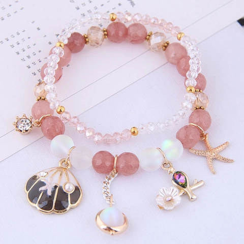 Koreanische Mode Kleiner Frischer Seestern Muschel Perlen Armband Legierung Kristall Süßes Doppelreihiges Armband Für Damen Schmuck Geschenk