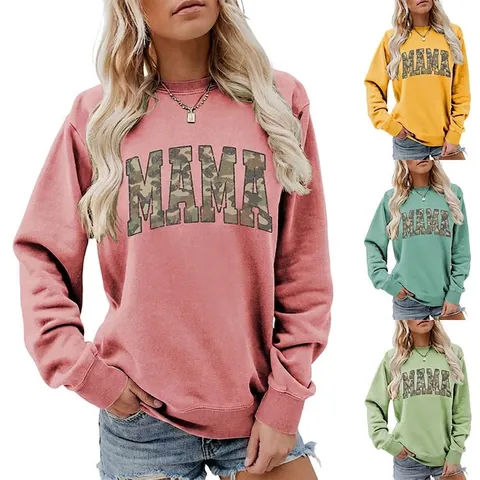 Women Casual Camo MAMA Letter Print Sweatshirt Round Neck Long Sleeve Loose Cotton Blend Pullover Streetwear Top