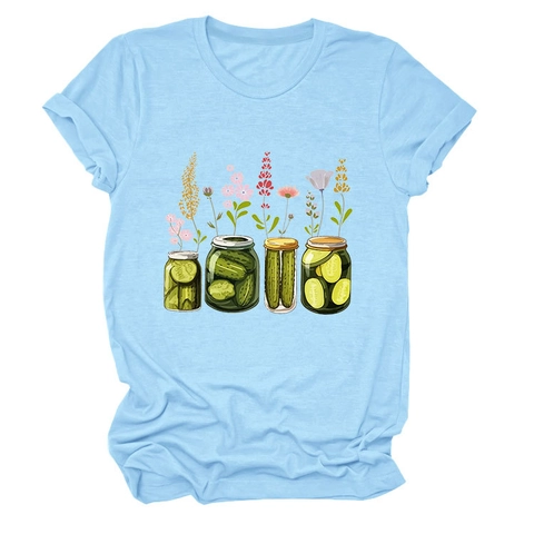 T-Shirt Da Donna Girocollo A Maniche Corte In Misto Cotone Stampa Creativa Barattolo Di Cetrioli Fiori Top Estivo Casual Largo