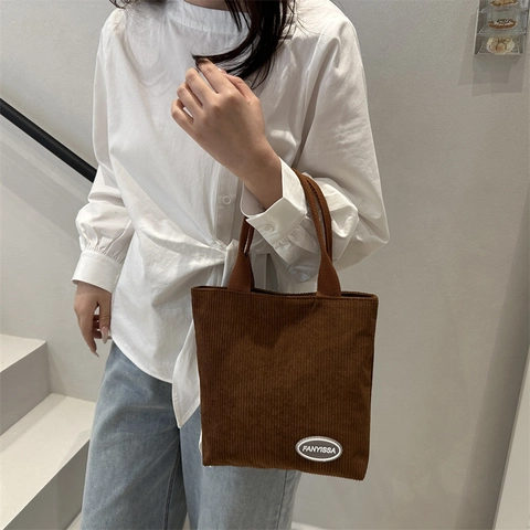 Bolso Tote de Pana Vintage para Mujer Color Sólido Rayado Bolso de Hombro Casual Gran Capacidad Cremallera Viaje Diario