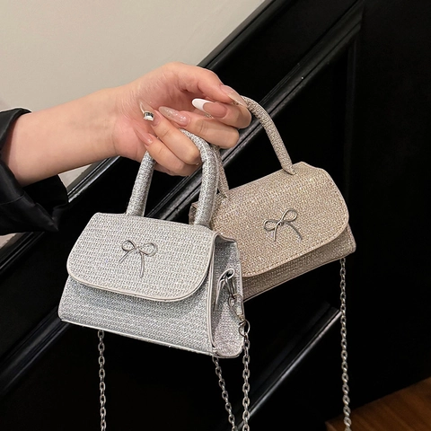 Women's Luxury Glitter Bowknot Mini Square Bag Bling Sequin Crossbody Bag With Metal Chain Strap Small Handbag For Party