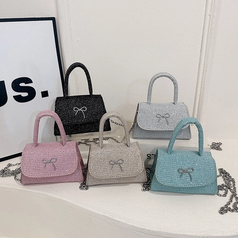 Women's Luxury Glitter Bowknot Mini Square Bag Bling Sequin Crossbody Bag With Metal Chain Strap Small Handbag For Party