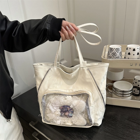 Women Large Capacity PU Leather Ita Bag Transparent Window Tote Bag Wrinkled Texture Shoulder Bag For School Commuting DIY Display