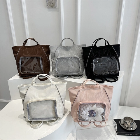 Women Large Capacity PU Leather Ita Bag Transparent Window Tote Bag Wrinkled Texture Shoulder Bag For School Commuting DIY Display