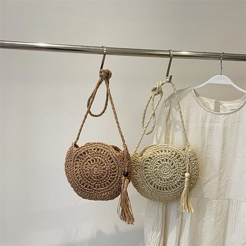 Handmade Straw Woven Round Crossbody Bag For Women Summer Beach Holiday Tassel Shoulder Bag Hollow Out Casual Fashion Bag