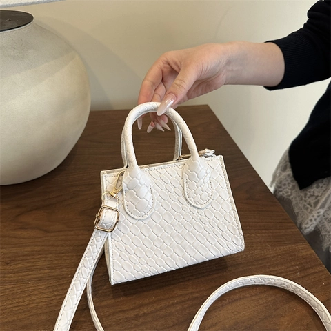 Women Mini Tote Bag Crocodile Woven Pattern PU Leather Small Crossbody Shoulder Bag Double Handle Fashion Handbag Lady Daily Purse