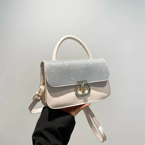 Women Retro PU Leather Square Crossbody Bag Rhinestone Glitter Cover Luxury Gold Metal Lock Shoulder Bag Party Ladies Handbag