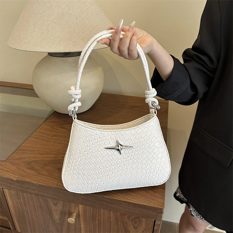 Dames Koreaanse Casual PU Lederen Okseltas Krokodillenpatroon Schoudertas Geknoopte Riem Zilveren Ster Metalen Decor Handtas