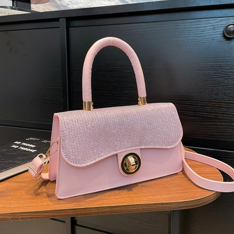 Dames Vintage PU Leer Kleine Vierkante Tas Met Fonkelende Strass Flap Gouden Ronde Draaislot Handtas Schoudertas Dagelijks Feest