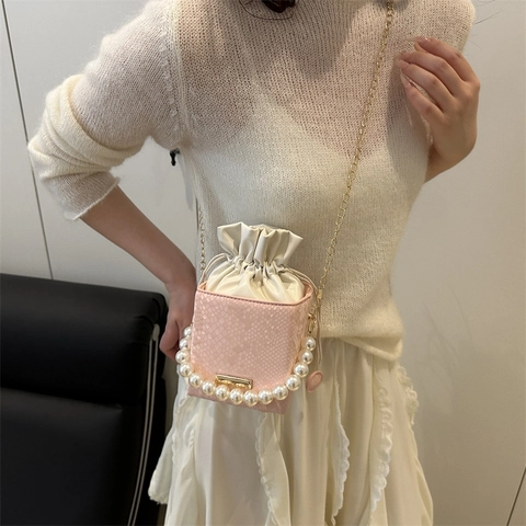 Borsa A Secchiello Donna Motivo Serpente Pelle PU Con Manico Di Künstliche Perle E Catena Dorata Mini Borsa A Tracolla Elegante Chic