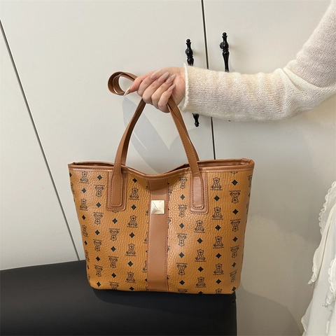 Vintage Damen Bären Druck Große Tragetasche PU Leder Mode Hohe Kapazität Umhängetasche Für Den Täglichen Pendelverkehr Büro Shopping