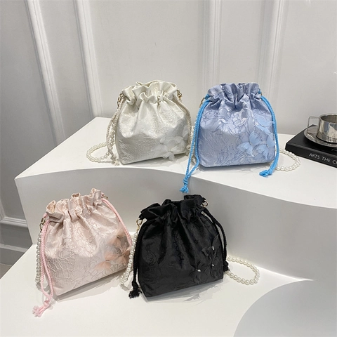 Women Butterfly Bucket Bag Elegant Artificial Pearl Strap Floral Jacquard Lace Drawstring Crossbody Shoulder Handbag Niche Design Sweet