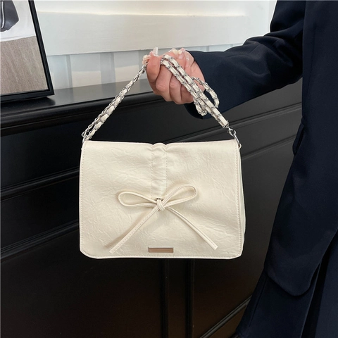 Sac à Épaule Niche Design avec Nœud pour Femme Vintage en Cuir PU Chaîne Sac Bandoulière Style Coréen Quotidien pour Dame