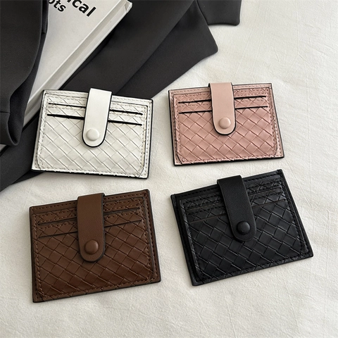 Portacarte in Pelle PU Intrecciata Portafoglio per Donna Uomo Sottile Custodia per Carte di Credito Con Bottone a Pressione Minimalista