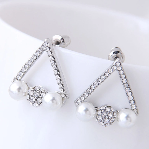 Pendientes Botón Aleación Brillantes Perlas Artificiales Imitación Corazón Triángulo Geométrico Elegante Vintage Moda Mujeres Niñas