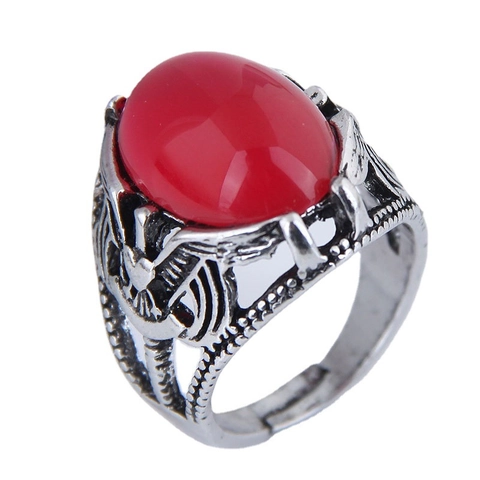 Adjustable Open Ring Retro Alloy Inlaid Red Black Artificial Gemstone Gothic Punk Carved Pattern Jewelry For Men Women