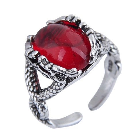 Adjustable Open Ring Retro Alloy Inlaid Red Black Artificial Gemstone Gothic Punk Carved Pattern Jewelry For Men Women