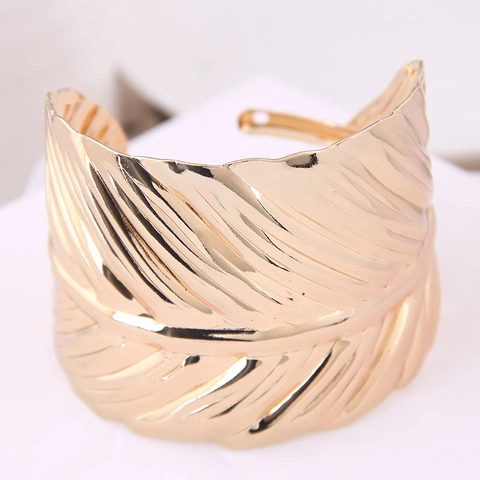 Metal Wide Cuff Bangle Bracelet For Women Alloy Open Adjustable Leaf Feather Texture Multi-layer Hollow Punk Style