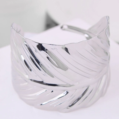 Metal Wide Cuff Bangle Bracelet For Women Alloy Open Adjustable Leaf Feather Texture Multi-layer Hollow Punk Style