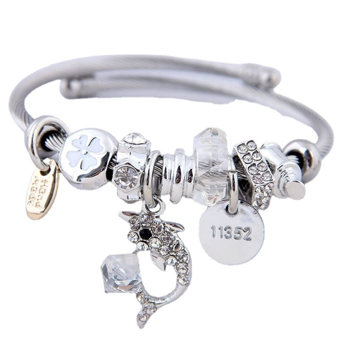 Dolphin Pendant Beaded Bracelet Stainless Steel Wire Rope Alloy Rhinestone Crystal Charms Handmade Jewelry For Women