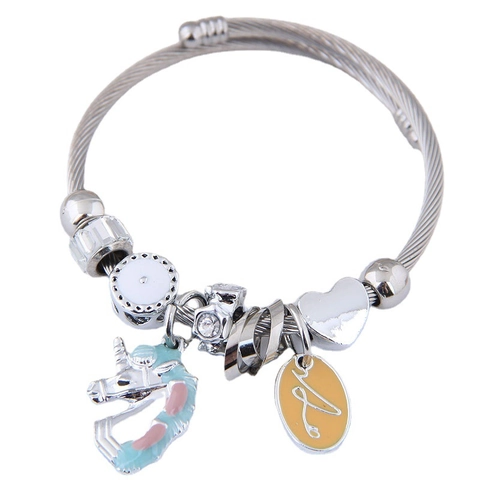 Unicorn Charm Bangle Bracelet Alloy Steel Wire Enamel Rhinestone Heart Love Jewelry Women Girls