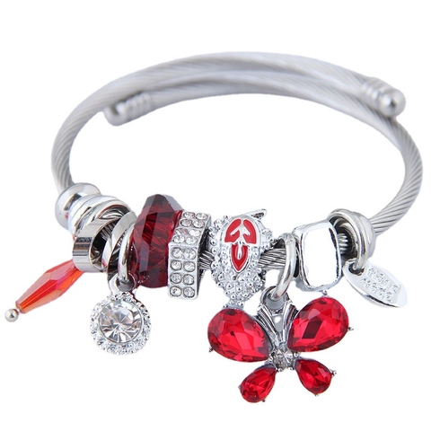 Butterfly Charm Bracelet Alloy Steel Wire Twisted Bangle Synthetic Crystal Rhinestone Multi Element Jewelry For Women