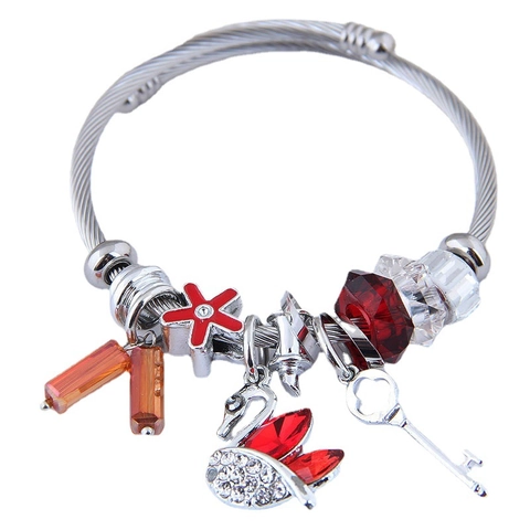 Stainless Steel Wire Cable Beaded Charm Bracelet Alloy Crystal Beads Adjustable Ethnic Style Jewelry For Women