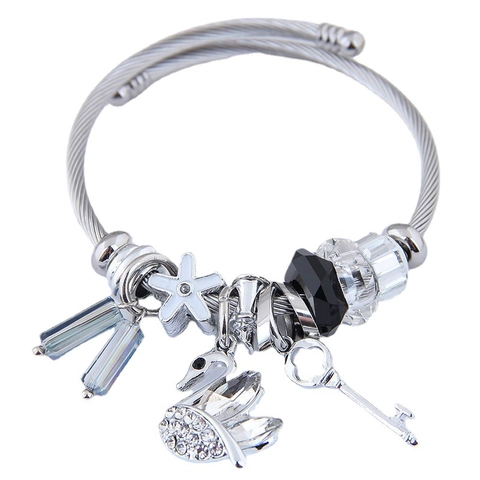 Stainless Steel Wire Cable Beaded Charm Bracelet Alloy Crystal Beads Adjustable Ethnic Style Jewelry For Women