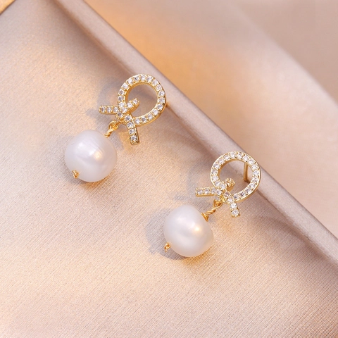 Orecchini Pendenti Con Perle D'acqua Dolce Con Perno In Argento Fiocco Di Strass Retro Elegante Per Donne