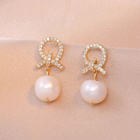 Orecchini Pendenti Con Perle D'acqua Dolce Con Perno In Argento Fiocco Di Strass Retro Elegante Per Donne