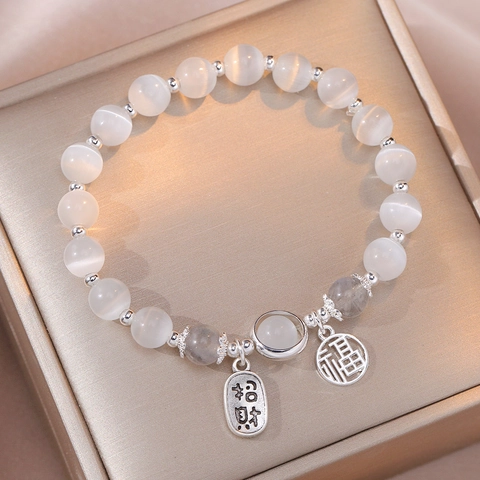 Dames Kralenarmband Met Kattenoogsteen Zilveren Legering Zegeningen Hangers Chinese Stijl Elegante Sieraden