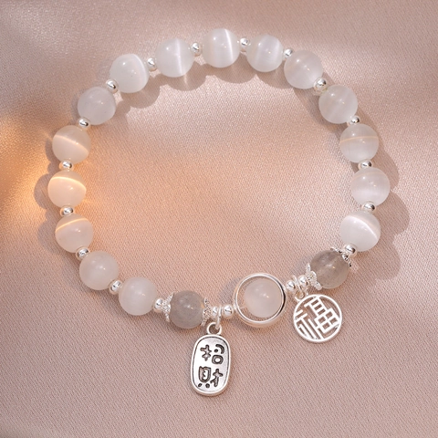 Dames Kralenarmband Met Kattenoogsteen Zilveren Legering Zegeningen Hangers Chinese Stijl Elegante Sieraden