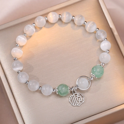Women Cat Eye Stone Beaded Bracelet With Chinese Character Shun Pendant Alloy Accents Sweet Style Fashion Jewelry