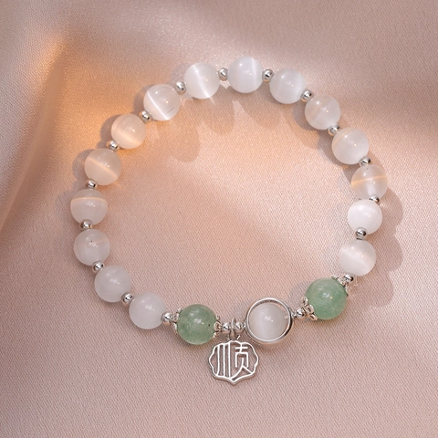 Women Cat Eye Stone Beaded Bracelet With Chinese Character Shun Pendant Alloy Accents Sweet Style Fashion Jewelry