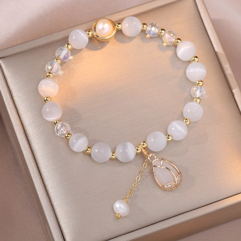 Perlenarmband Damen Katzenaugenstein Süßwasserperle Tulpe Anhänger Elegant Retro Schmuck Zubehör Geschenk