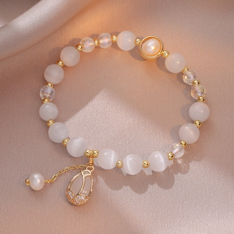 Perlenarmband Damen Katzenaugenstein Süßwasserperle Tulpe Anhänger Elegant Retro Schmuck Zubehör Geschenk