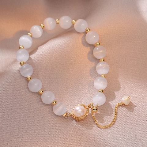 Bracciale Di Perline Pietra Occhio Di Gatto Bianca Perla de Agua Dulce Filo Avvolto Stile Vintage Elegante Donna Regolabile